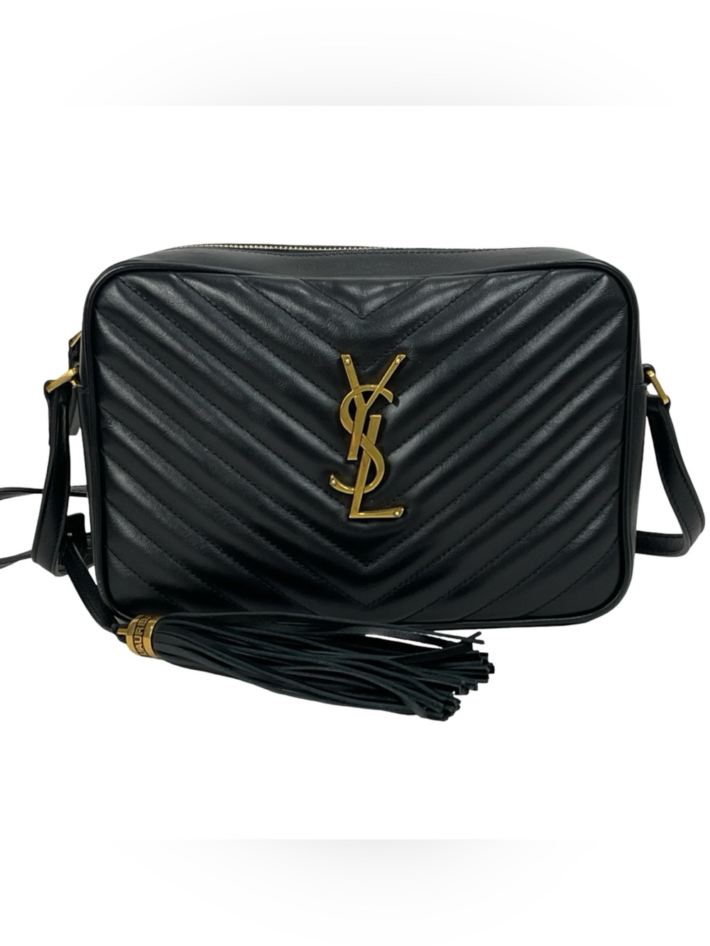YSL Saint Laurent Black Lou Camera Bag Chevron Quilted Leather With Tassel